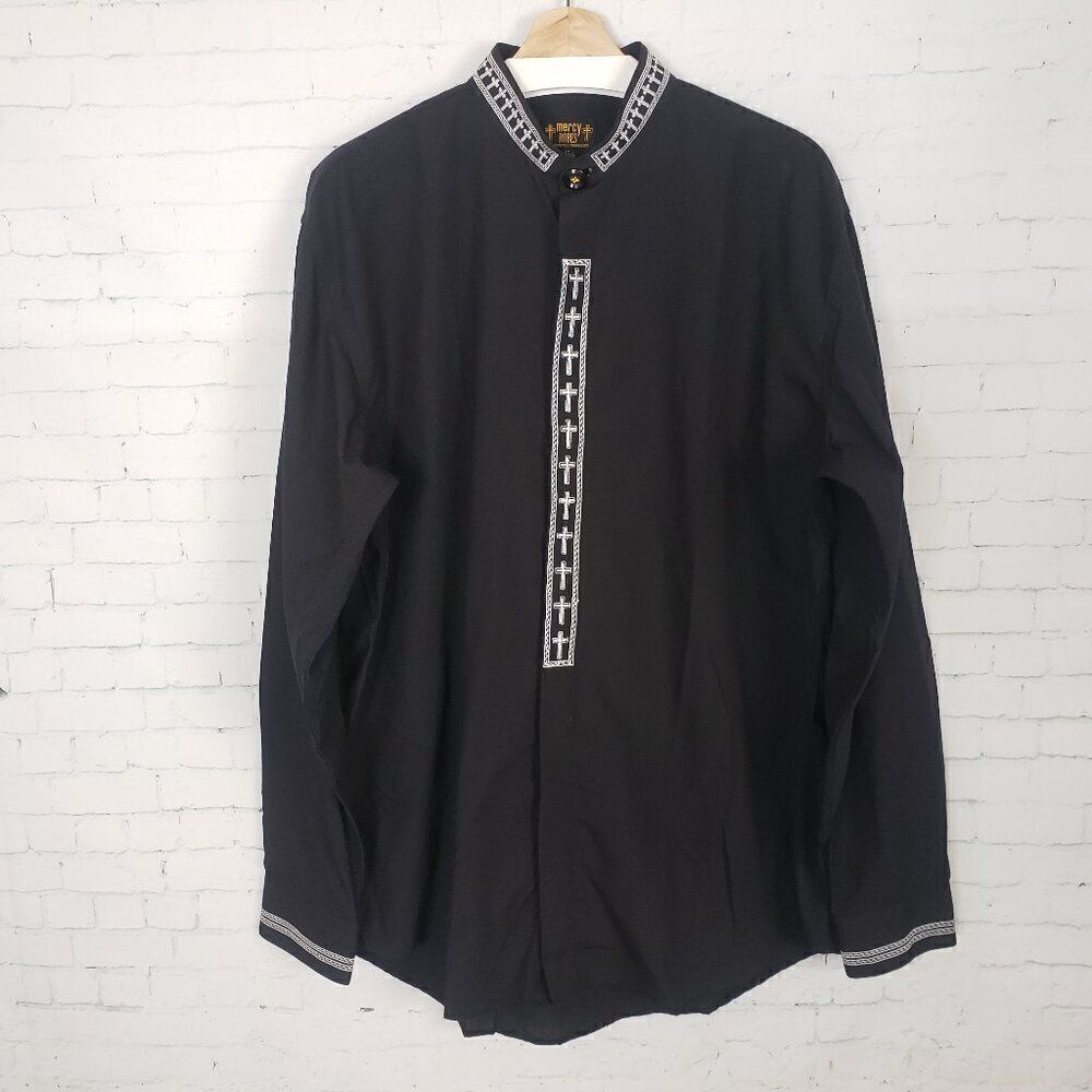 Mercy Robes Clerical Shirt Mens Size XL 17.5 36 / 37 Black Embroidered Crosses